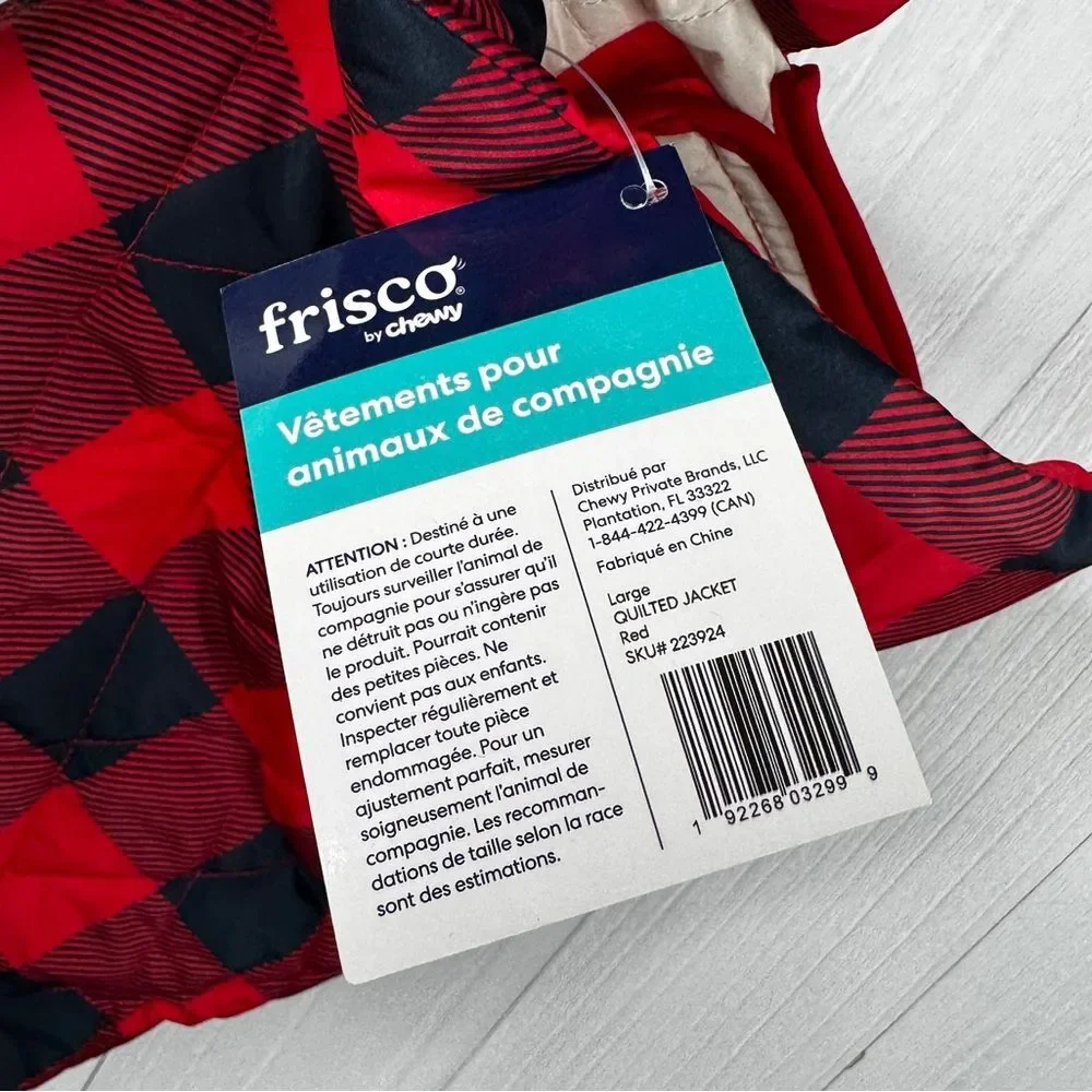 Frisco by Chewy Lightweight Quilted Dog Jacket in red and black buffalo plaid